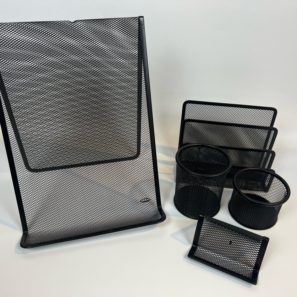 Five piece set of black metal mesh desktop organization. EUC.